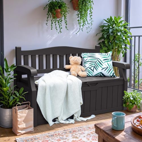 Greesum 80 Gallon Outdoor Storage Bench, Resin Patio Furniture, Dark Black I77551