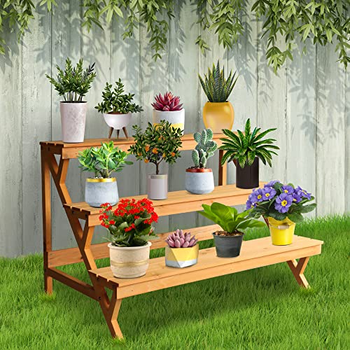 3 Tier Wood Plant Stand Indoor Outdoor with Storage Shelf Z4623