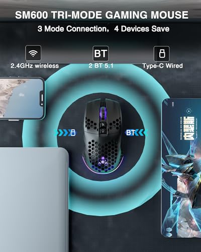 SM600 White Wireless Gaming Mouse, 8000 DPI Tri-Modes RGB E7535