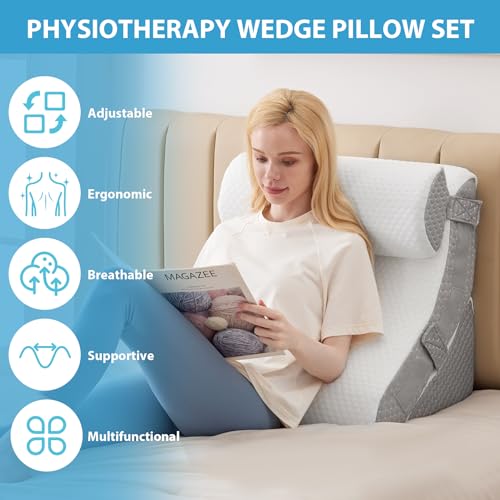 Bed Wedge Pillow for Sleeping, 9 & 12 Inch Adjustable, Memory Foam, White/Grey V501