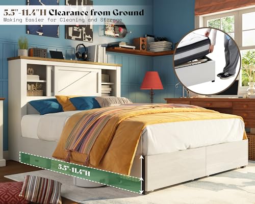 AMERLIFE King Bed Frame with Bookcase Headboard and Charging Station V4787