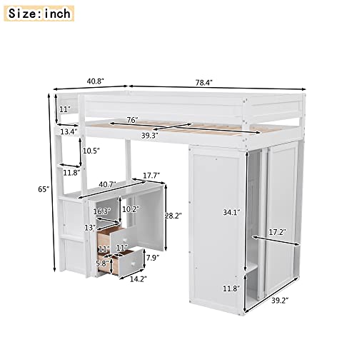 Full Size Loft Bed with Storage Wardrobe and Desk for Kids Teens Adults White K66587