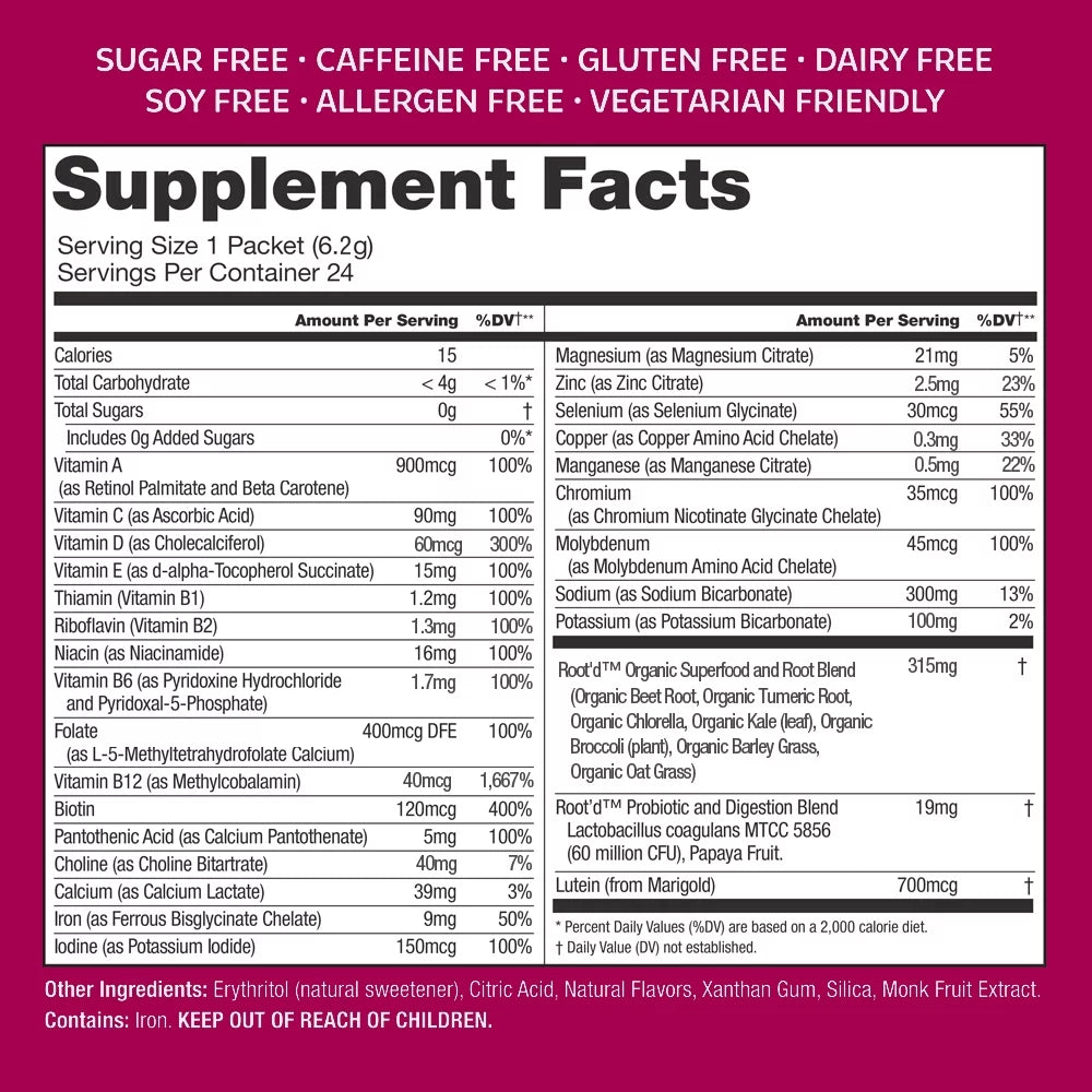 Root'd Multivitamin Powder for Women - 25 Vitamins & Minerals with Electrolytes, 24 Packets W78367