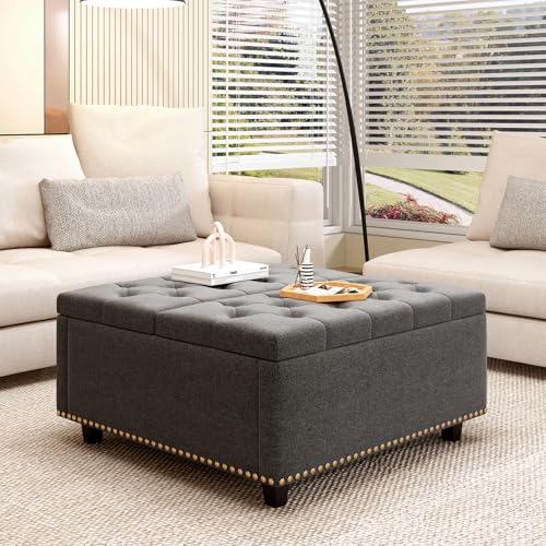 Large Square Storage Ottoman Coffee Table with Lift Top, Linen Upholstered, Light Grey L2433