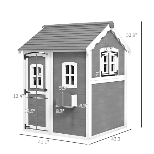 Outsunny Wooden Playhouse for Kids with Floor, Door, Windows & Planter Box, Gray J692318