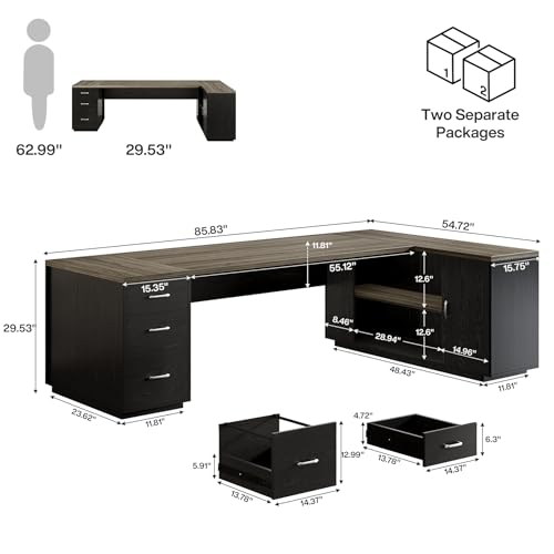 Tribesigns 85.8-Inch L-Shaped Executive Desk with File Drawers & Shelves, White & Brown I578