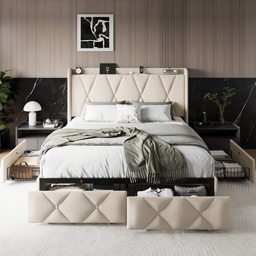 Queen Bed Frame with 4 Storage Drawers and Charging Station, Black S804993