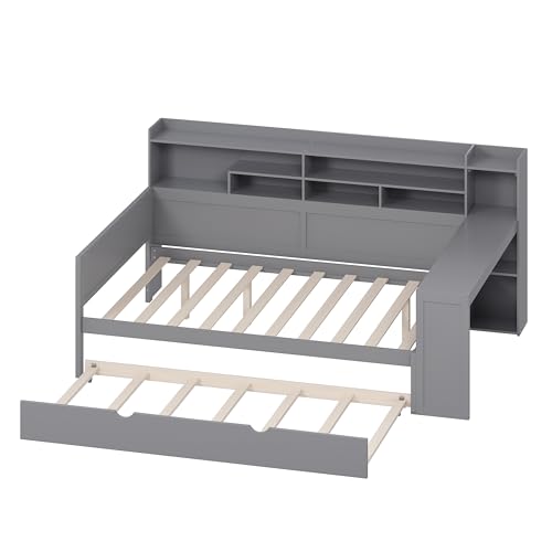 Bellemave Twin Corner Bed Frame with Storage Shelves and Desk, Gray L74206