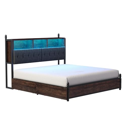 AMERLIFE Full Size Bed Frame with Bookcase Headboard, Charging Station, Rustic Brown H544