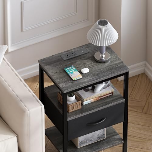 SUPERJARE Nightstand with Charging Station, Fabric Drawer, 3-Tier Storage, Walnut K366263