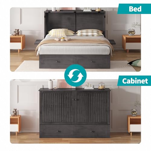 BALUS Murphy Cabinet Bed Queen with USB Charging Station, Tri-Fold Mattress, Dark Grey V81631