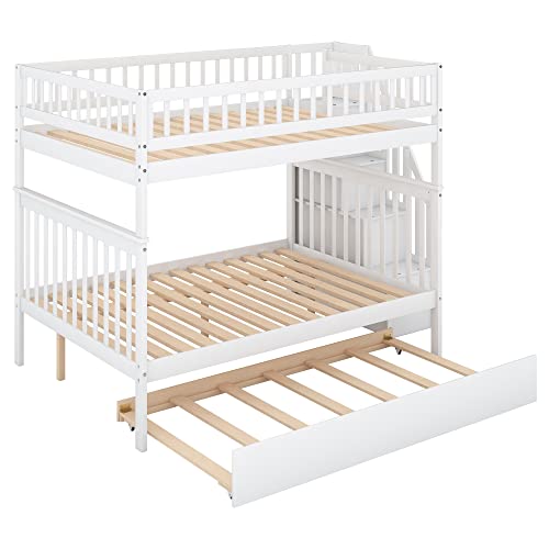 Harper & Bright Designs Twin Size Loft Bed with L-Shaped Desk and Stairs, Solid Wood, White D768