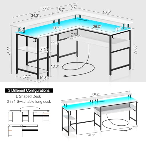 Rolanstar Computer Desk 56.7" with LED Lights and Power Outlets, Carbon Fiber Surface K1543