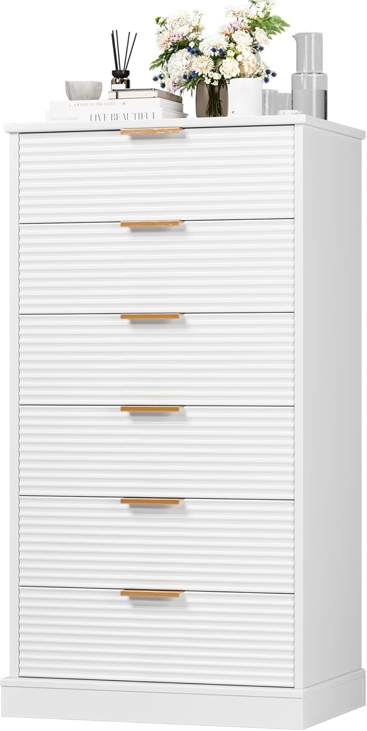 6 Drawer Dresser, Tall White Dresser with Large Storage Space, Modern Chest of Drawers with Handles, 6 Large Capacity Vertical Dressers for Home & Office