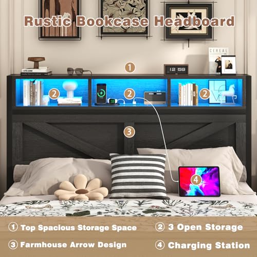 Farmhouse Full Bed Frame with Bookcase Headboard, Charging Station, Brown K11127