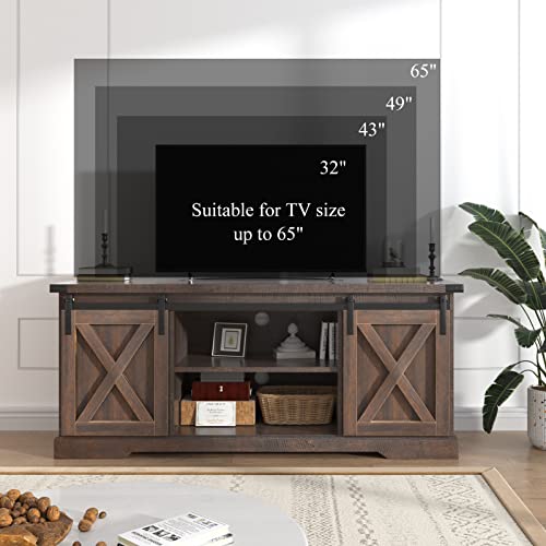 St.Mandyu Farmhouse TV Stand for TVs up to 65 inch, Wood Entertainment Center with Sliding Barn Doors, Brown C49324