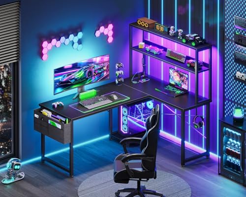 AODK L Shaped Gaming Desk with LED Light & Power Outlet, Grey Oak P41493