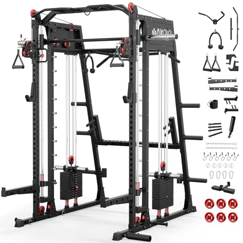 Mikolo Smith Machine 2200lbs Squat Rack with Lat Pulldown & Cable Crossover E219