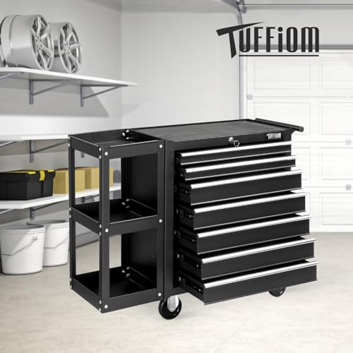 TUFFIOM 7-Drawer Rolling Tool Chest with Side Shelves and Lockable Wheels L105