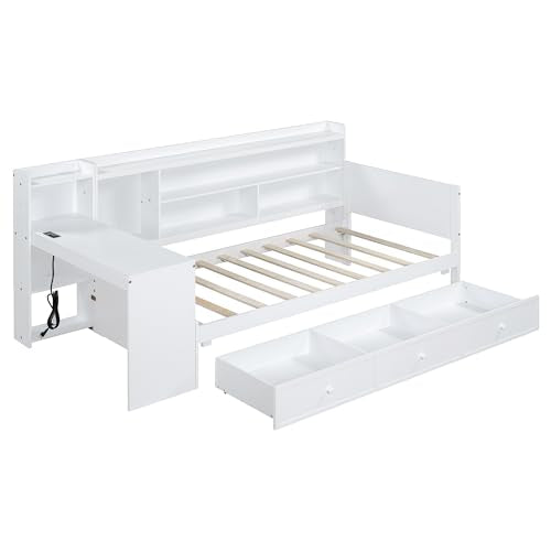 Bellemave Twin Corner Bed Frame with Storage Shelves and Desk, Gray L74206