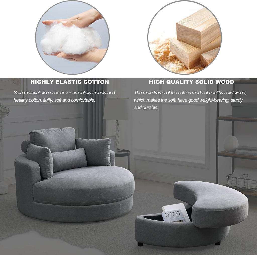 Welike Swivel Accent Barrel Chair with Ottoman, Dark Grey Linen Fabric I52821