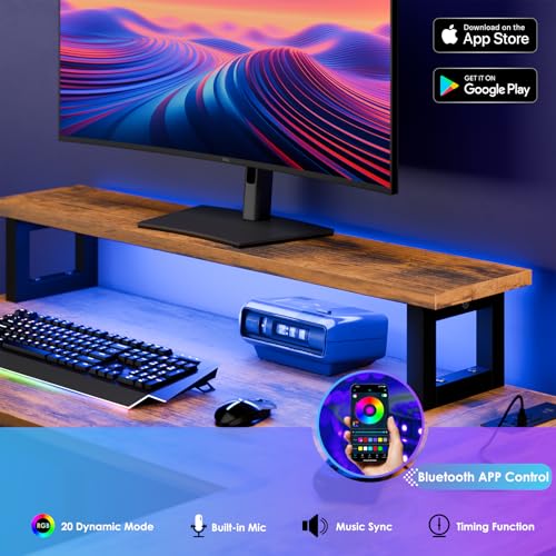 Fixwal L Shaped Gaming Desk with Power Outlets and LED Lights, Rustic Brown J2138