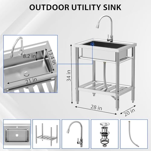 Stainless Steel Utility Sink with Faucet, Freestanding Single Bowl Y312305