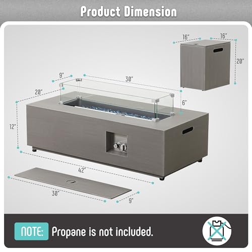 42" Propane Fire Pit Table with Tank Holder, 50,000 BTU, Wind Guard & Glass Stones Z315