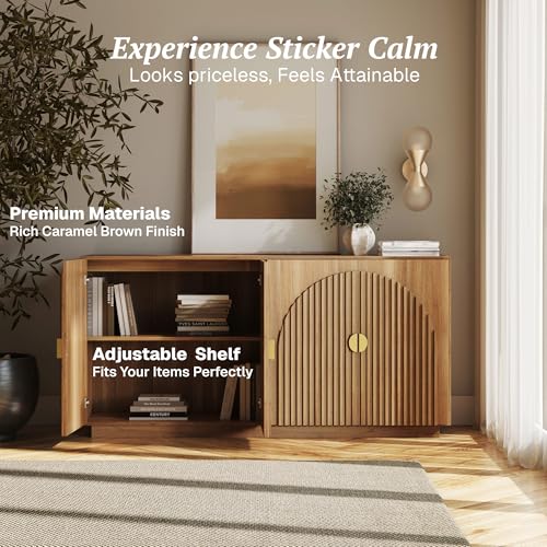 BELLEZE 65 Inch Fluted Buffet Cabinet with Storage, Caramel Brown U96619