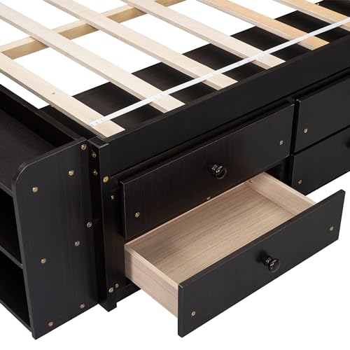 SOFTSEA Full Size Platform Bed with Storage Drawers and Bookcase Headboard, White V613109