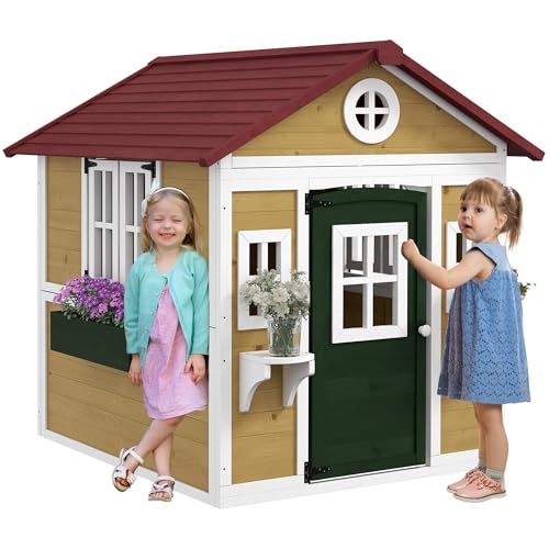 Outsunny Wooden Kids Playhouse with Doors and Windows for Toddlers 3-8 Years, Beige Q471