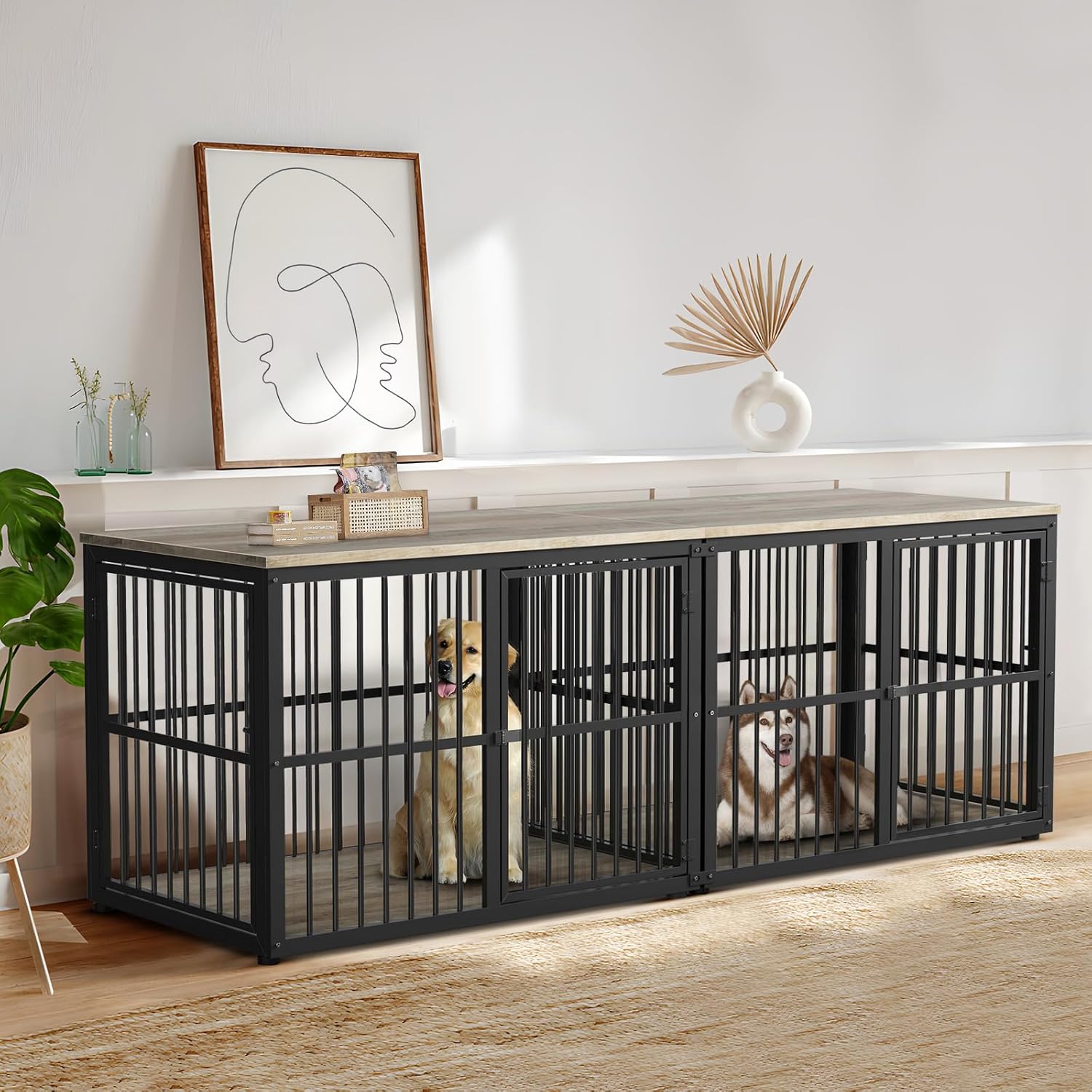 77.64''Dog Crate Furniture Large Breed TV Stand with Double Rooms,Wooden Dog Kennel Dog Crate End Table with Removable Divider for Large Medium Dogs, Can Use Separately