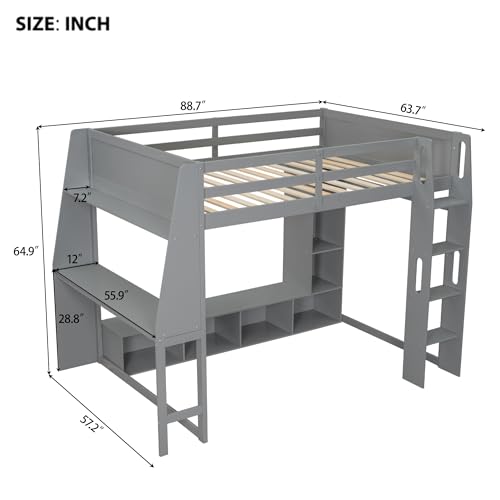 SOFTSEA Full Size Loft Bed with Desk, Storage and LED Lights, Solid Wood, Grey Q282