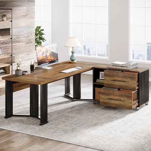 Tribesigns 70.86" L Shaped Executive Desk with Mobile File Cabinet, Brown and Black J5967