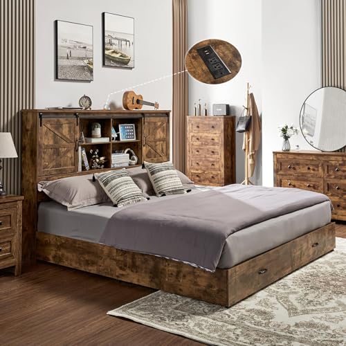 VanAcc Full Size Wooden Platform Bed with Bookcase Headboard and 2 Drawers O6158