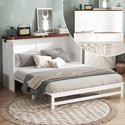 Queen Murphy Bed Cabinet with Storage Drawer and Charging Station, Solid Pine, White A401
