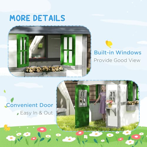 Outsunny Wooden Kids Playhouse with Doors and Windows for Toddlers 3-8 Years, Beige Q471