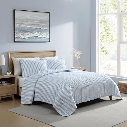 Nautica Queen Reversible Cotton Quilt Set with Shams, Light Blue Y924208