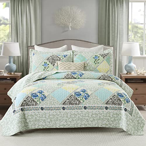 Finlonte Quilts Queen Size Set, Floral Patchwork Blue Grey Farmhouse Cotton Reversible Bedding U736679