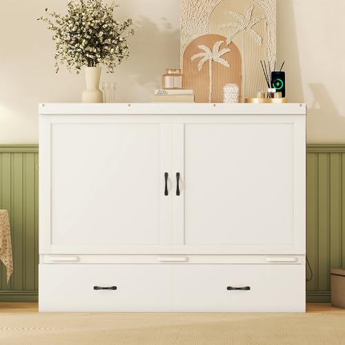 Ball & Cast Queen Size Solid Pine Murphy Bed with Charging Station, White + Walnut P2075