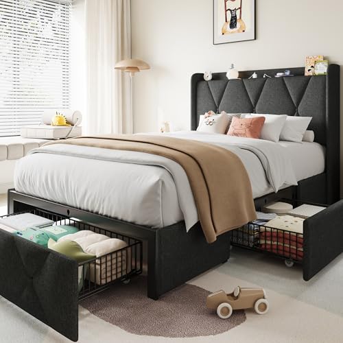 Queen Bed Frame with 4 Storage Drawers and Charging Station, Black S804993