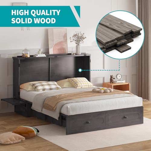 BALUS Murphy Cabinet Bed Queen with USB Charging Station, Tri-Fold Mattress, Dark Grey V81631