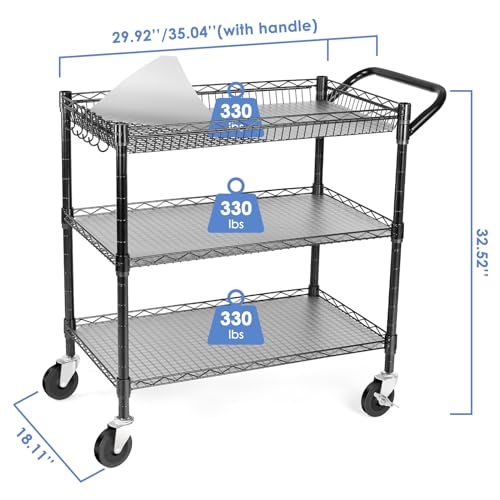 WDT Heavy Duty 3 Tier Utility Cart with Wheels, Commercial Grade Service Cart, 750LBS Capacity Silver L466