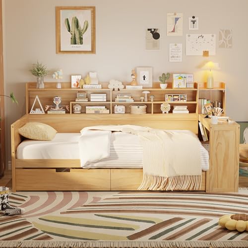 Bellemave Twin Corner Bed Frame with Storage Shelves and Desk, Gray L74206
