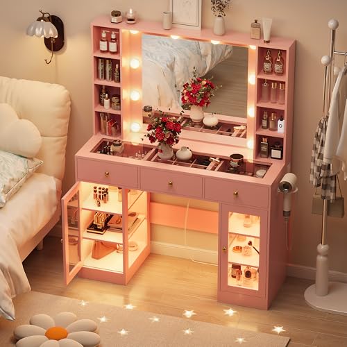 White Vanity Desk with Mirror and Lights, Glass Top, 3 Drawers V863482