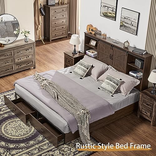 VanAcc Full Size Wooden Platform Bed with Bookcase Headboard and 2 Drawers O6158