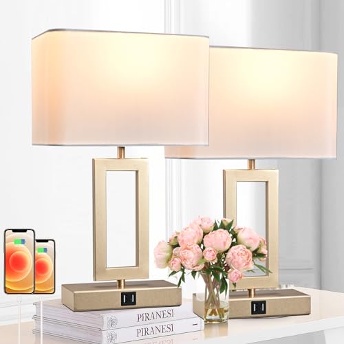 22" Touch Control Table Lamps with USB Ports, Dimmable, Gold & White V1178
