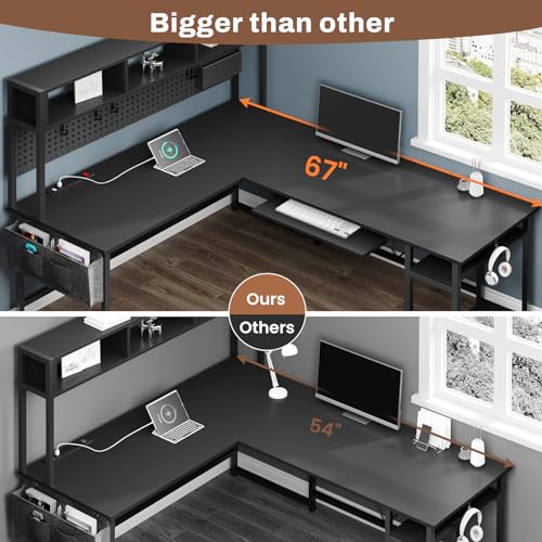 SEDETA L Shaped Gaming Desk with Power Outlet and Pegboard, Black B28201