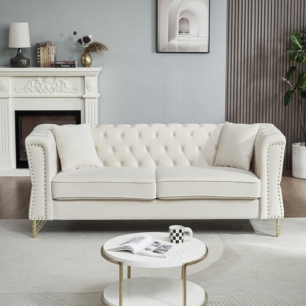 Chesterfield Sofa Grey Velvet 3 Seater Tufted Couch with Metal Foot and Nailhead N623406