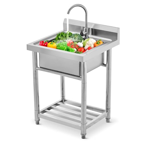 Utility Sink Stainless Steel Free Standing Single Bowl Laundry Outdoor Commercial Kitchen Sink with Cold Hot Pipe for Bar, Garage, Restaurant, Kitchen, Laundry Room, Outdoor, 20" x 20"